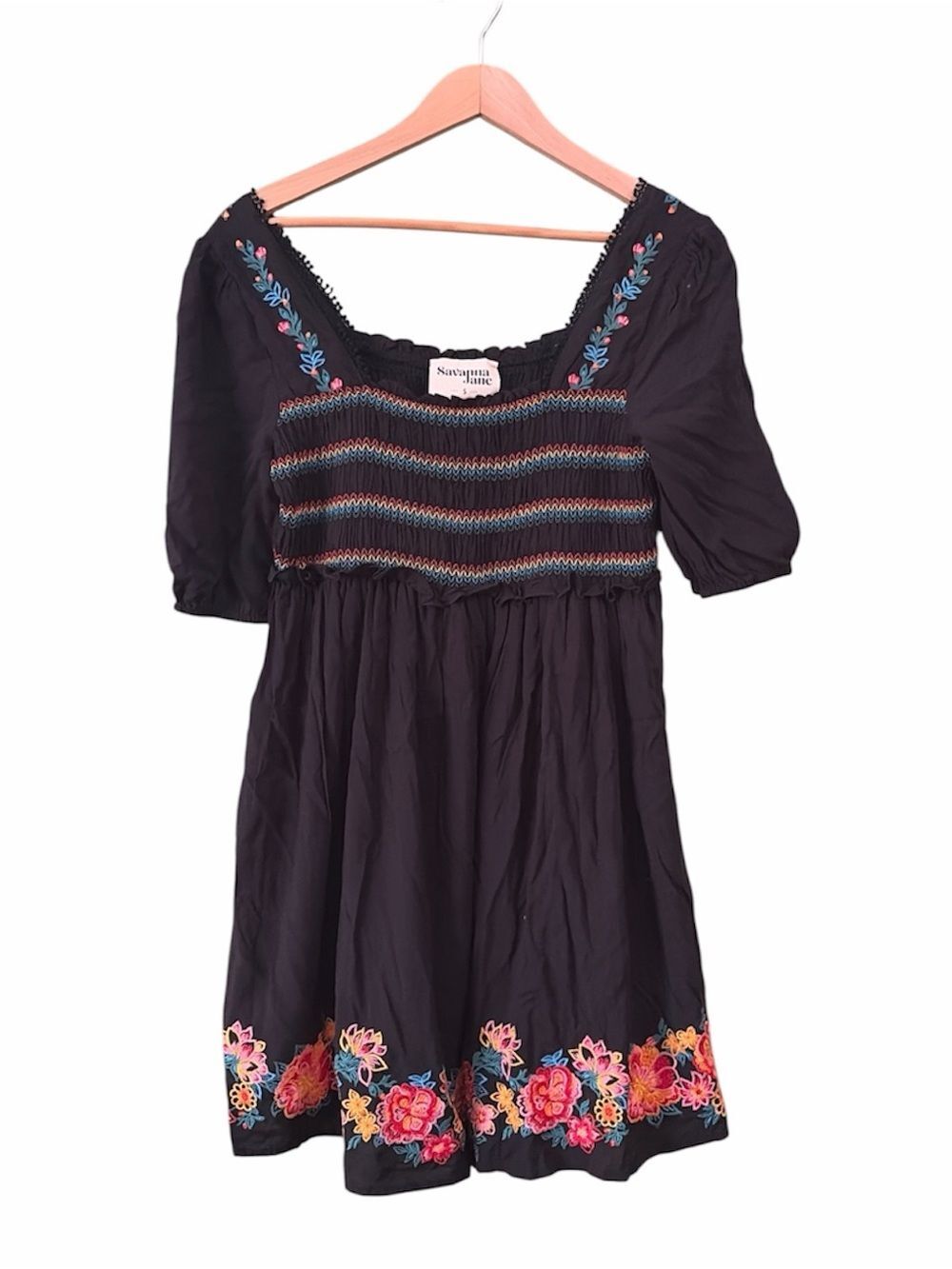 Savanna Jane Short Sleeve Black Embroidered Floral Mini Dress Smocked Sz S
